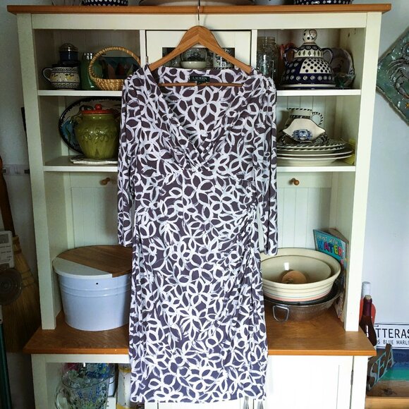 Ralph Lauren Dress Faux Wrap Gray White Dress Size 14 - Picture 1 of 8